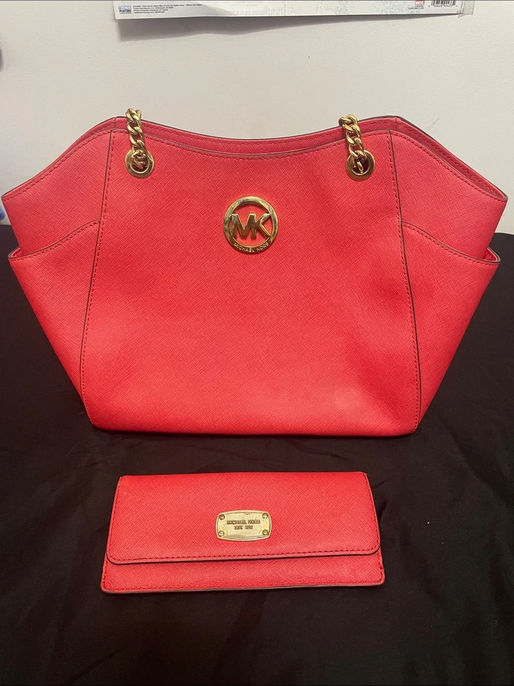 Michael Kors Coral-Red Saffiano Chain-Handle Tote with Wallet - Picture 1 of 8